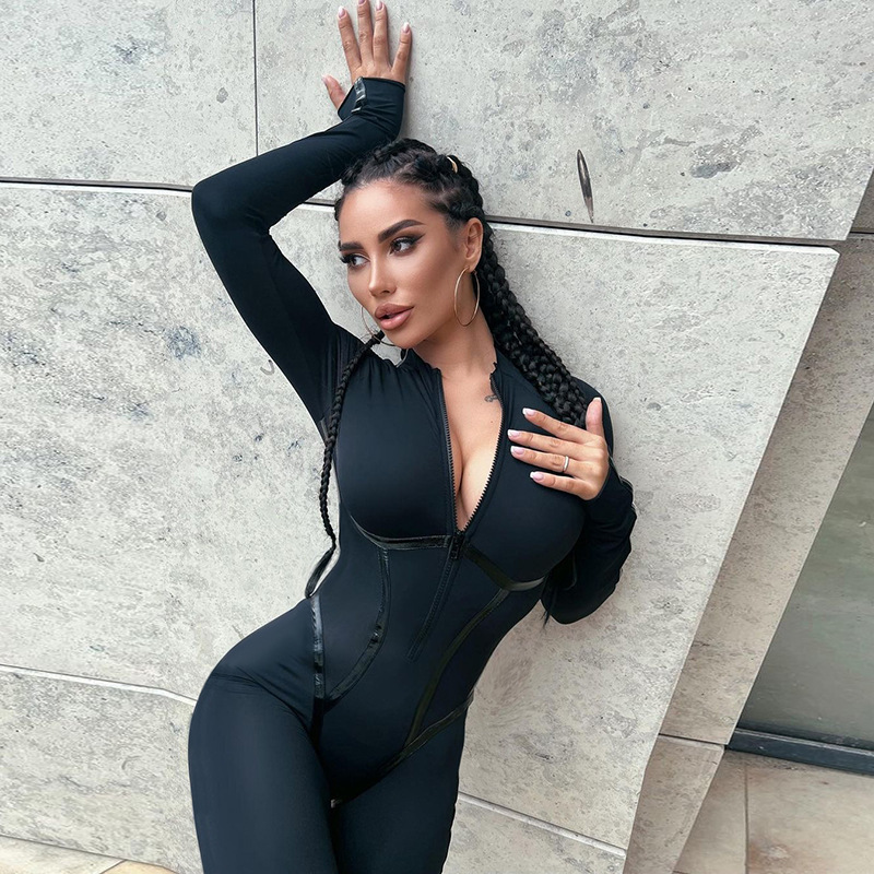 Wholesale fashion casual women playsuit leather webbing split line Black long sleeve zipper sexy bodycon lifting lady jumpsuits