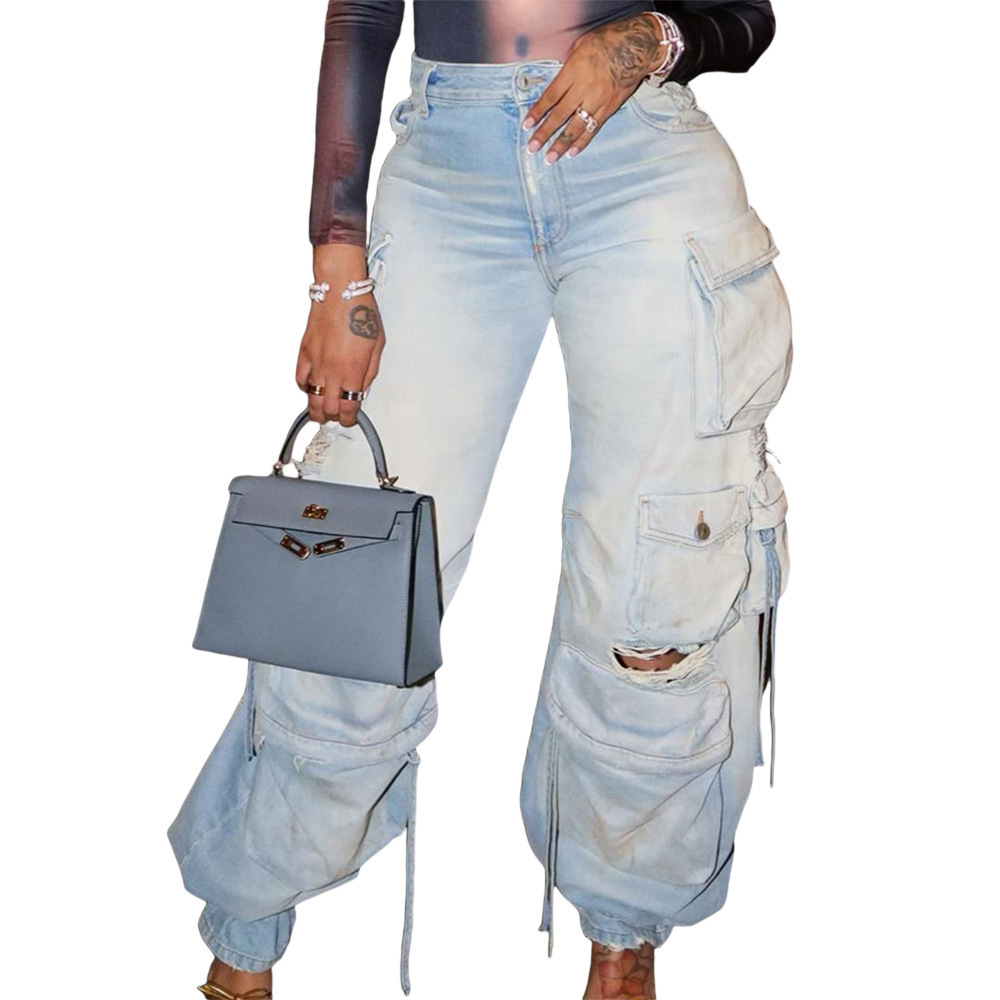 Wholesale Ready Stock Latest Design Women Streetwear Washed Ripped Denim Baggy Jeans 8 Pocket Cargo Pants Women