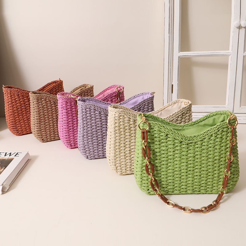 Summer bags for women  fashion candy color straw bag hardware chain handheld clutch shoulder bags beach wholesale handbags