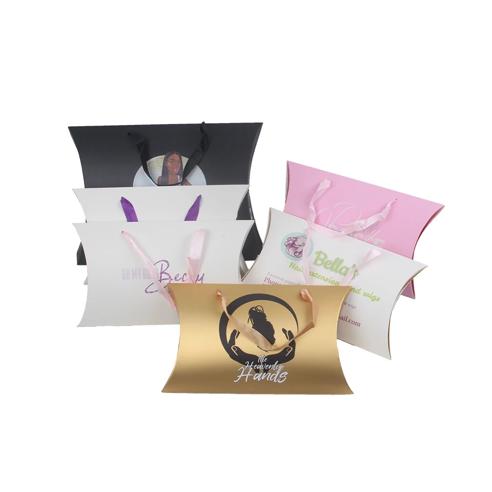 KM customized logo printing luxury ribbon handle paper bags boxes for hair extension packaging