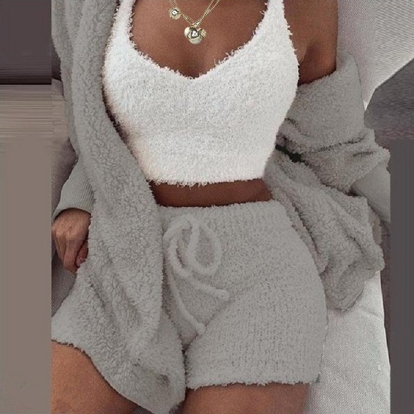 Plus Size Women's Three Piece  Fluffy Outfits Cardigan Coat+Shorts+Crop Top Plush Sweaters Loungewear Short Sets Clothes