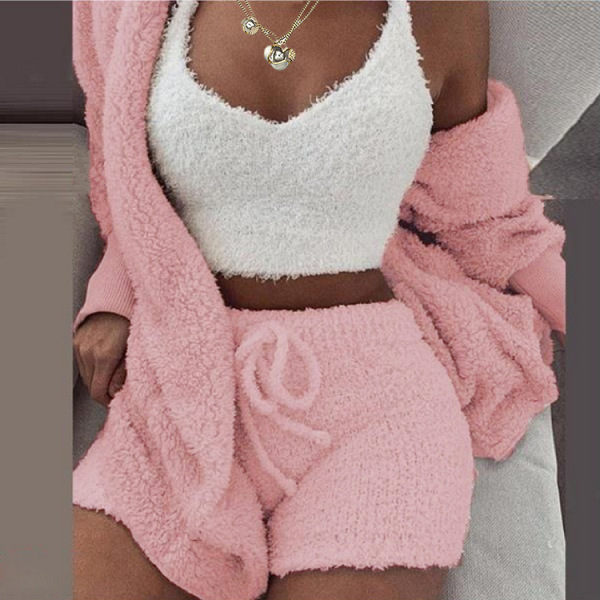 Plus Size Women's Three Piece  Fluffy Outfits Cardigan Coat+Shorts+Crop Top Plush Sweaters Loungewear Short Sets Clothes