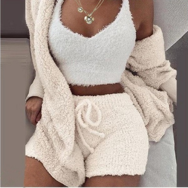 Plus Size Women's Three Piece  Fluffy Outfits Cardigan Coat+Shorts+Crop Top Plush Sweaters Loungewear Short Sets Clothes