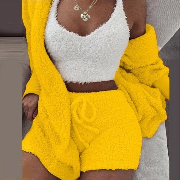 Plus Size Women's Three Piece  Fluffy Outfits Cardigan Coat+Shorts+Crop Top Plush Sweaters Loungewear Short Sets Clothes