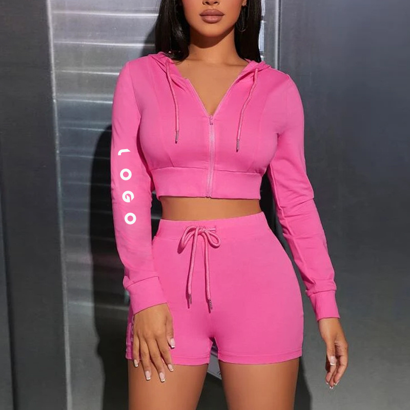 F230301 Custom Logo Sport Short Sweat Suits Lady Two Pieces Zip Up Crop Top Hoodie And Short Pants Sexy Shorts Set For Women