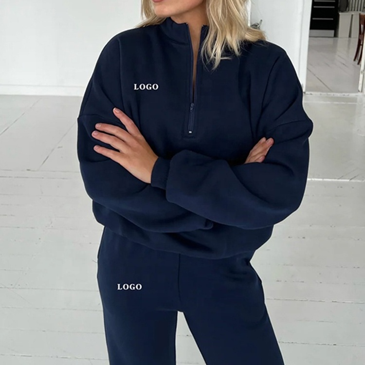 F230239 Custom Logo Women's Thick Fleece Sports Wear Two Pieces Zip Up Sweatshirt Jogger Sweatpants Set Tracksuits Hoodie Set