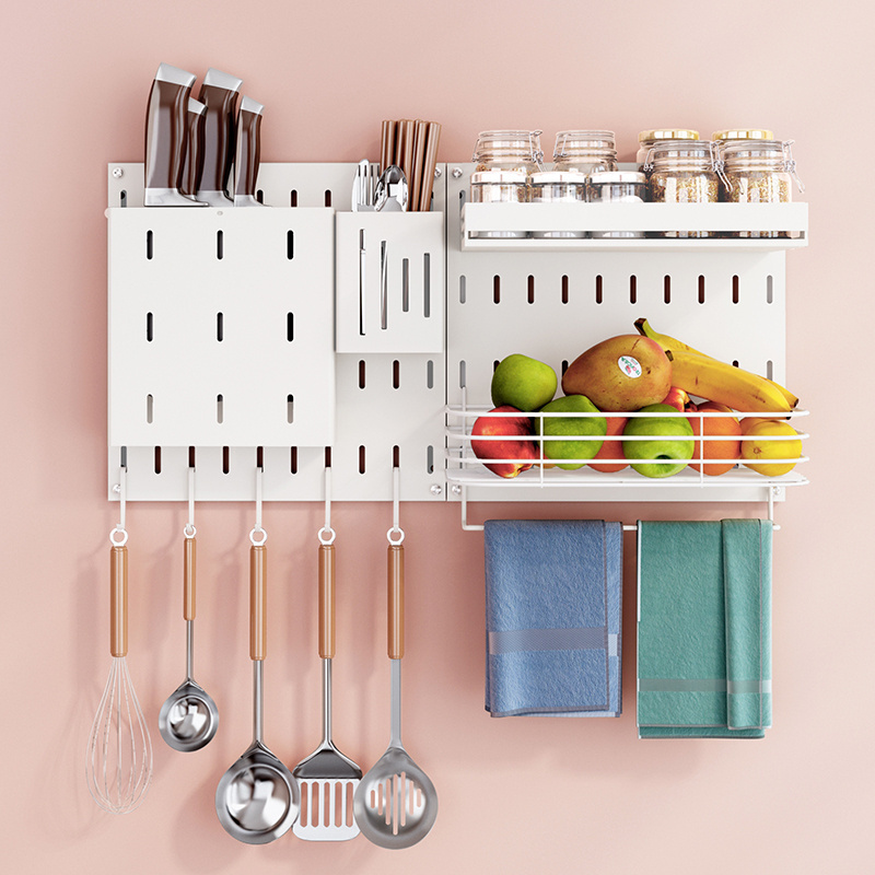 Space Saving Metal Stainless Steel Wall Mounted Dish Spice Rack Pegboard Storage Holder Kitchen Floating Shelves Rack