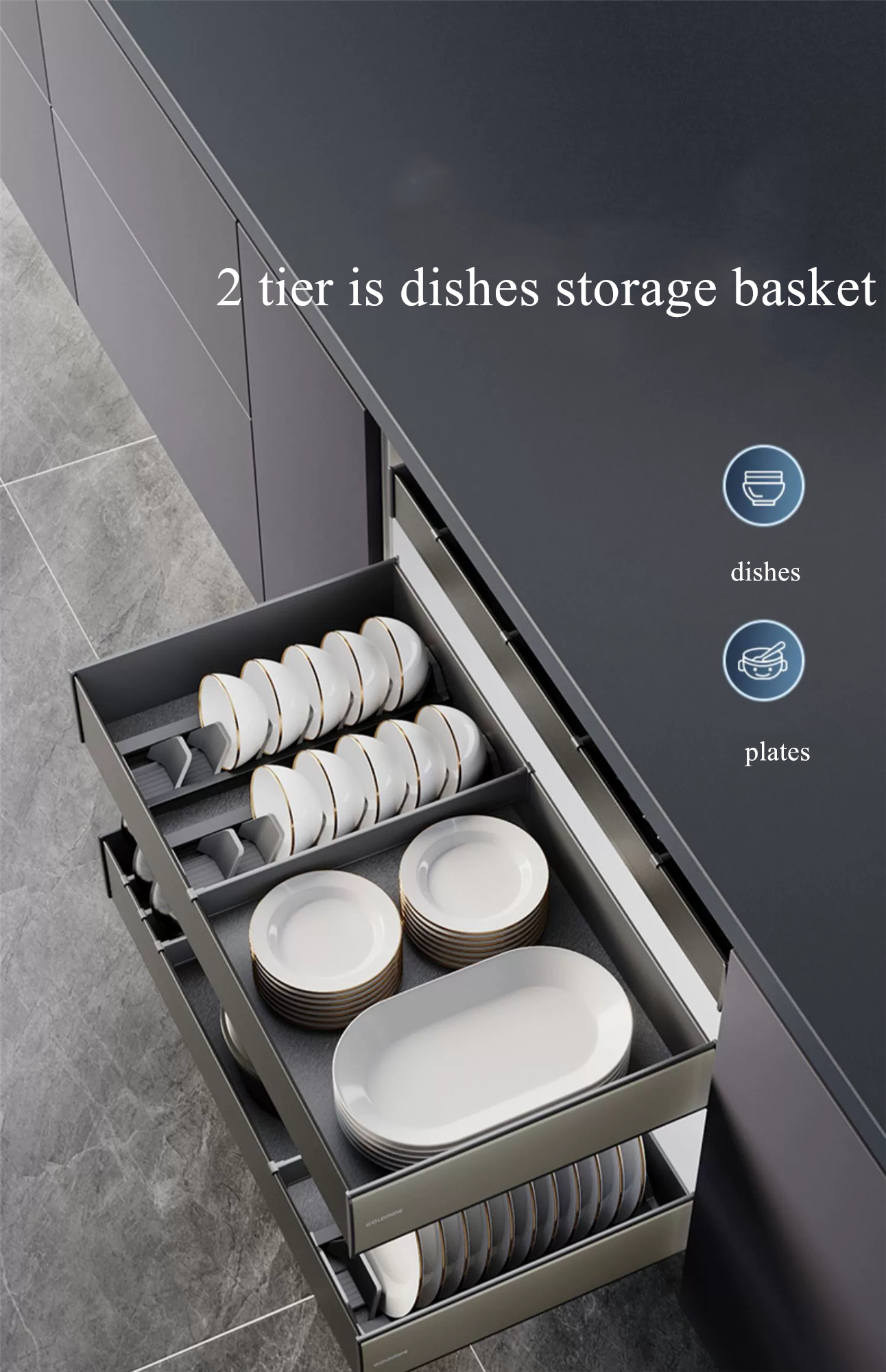 Goldmine aurora 3-layers soft close slide pullout baskets cabinet pullout drawers for dishes organization and pots organization