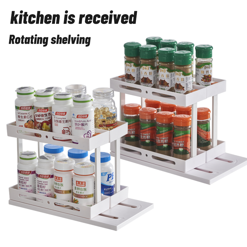 Pull out Rotating Spice Rack Organizer for Cabinet Rotate Makeup Organizer Slide Bottle Box Holder Plastic Seasoning Spice Rack