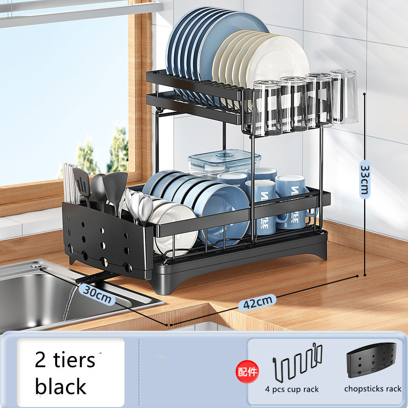 2 Tier over sink drying rack with utensil holders carton steel dishes bowls storage rack  Kitchen countertop dishes draining hol