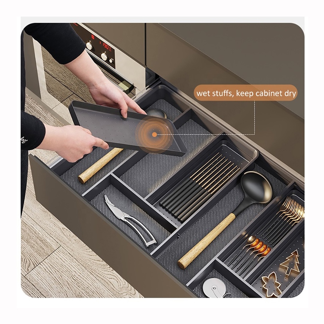 2022 new arrival expandable drawer divider aluminum organizer goldmine kitchen storage