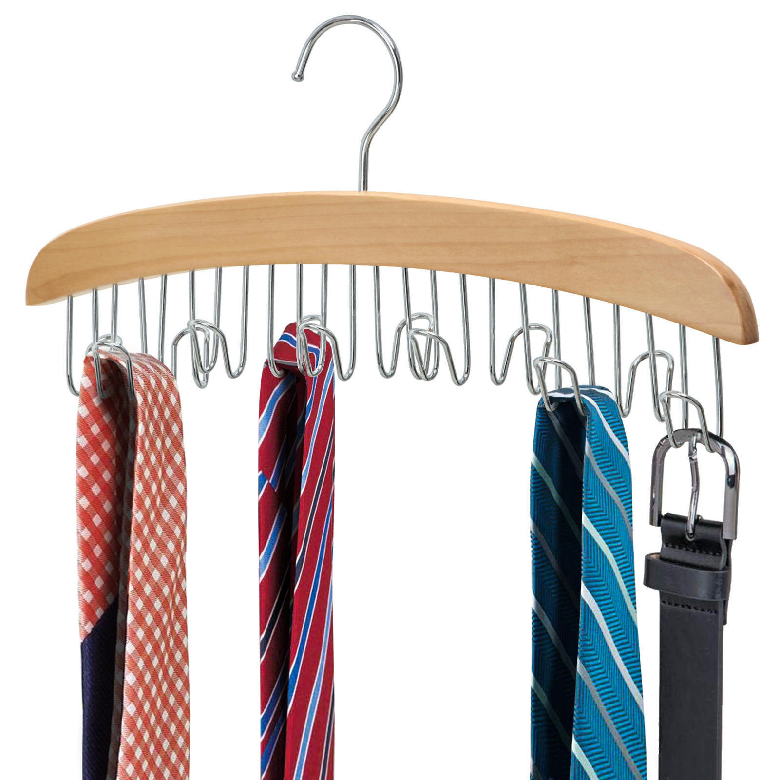 Hanging Tie Holder Organizer Rack Premium Wooden Tie Belt Scarf Hanger with Foldable Metal Hooks for Closet Space Saving