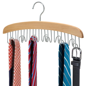 Hanging Tie Holder Organizer Rack Premium Wooden Tie Belt Scarf Hanger with Foldable Metal Hooks for Closet Space Saving