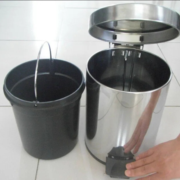 Wholesale round stainless steel pedal trash can household foot pedal bin with plastic inner bucket