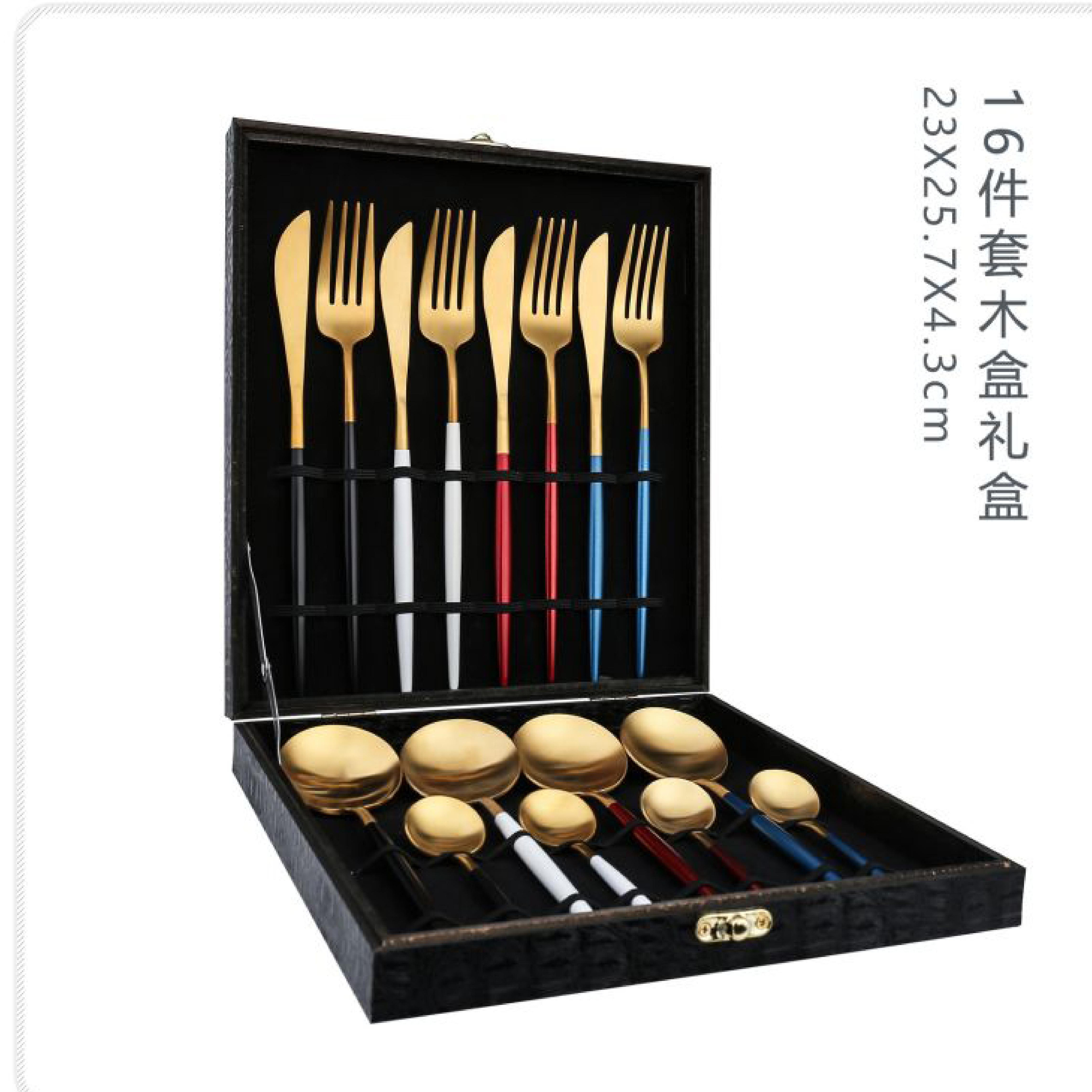 Wooden Box Gloss Golden Stainless Steel Cutlery Gift Set  16 pcs