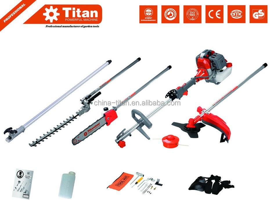 Titan 5 in 1 brush cutter, long pole chain saw, telescopic petrol hedge trimmer, CE, MD certificate