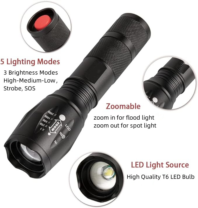 Zoomable Outdoors Portable Flashlights with 5 Modes Bright Small Flash Torch Light for Camping Hiking Walking Emergency Use