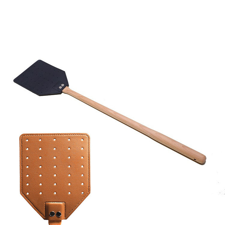 PU leather fly swatter long handle beech wood manual fly killer outdoor portable mosquito repellent fly swatters