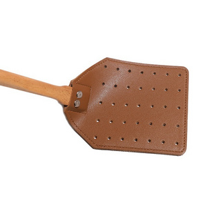 PU leather fly swatter long handle beech wood manual fly killer outdoor portable mosquito repellent fly swatters