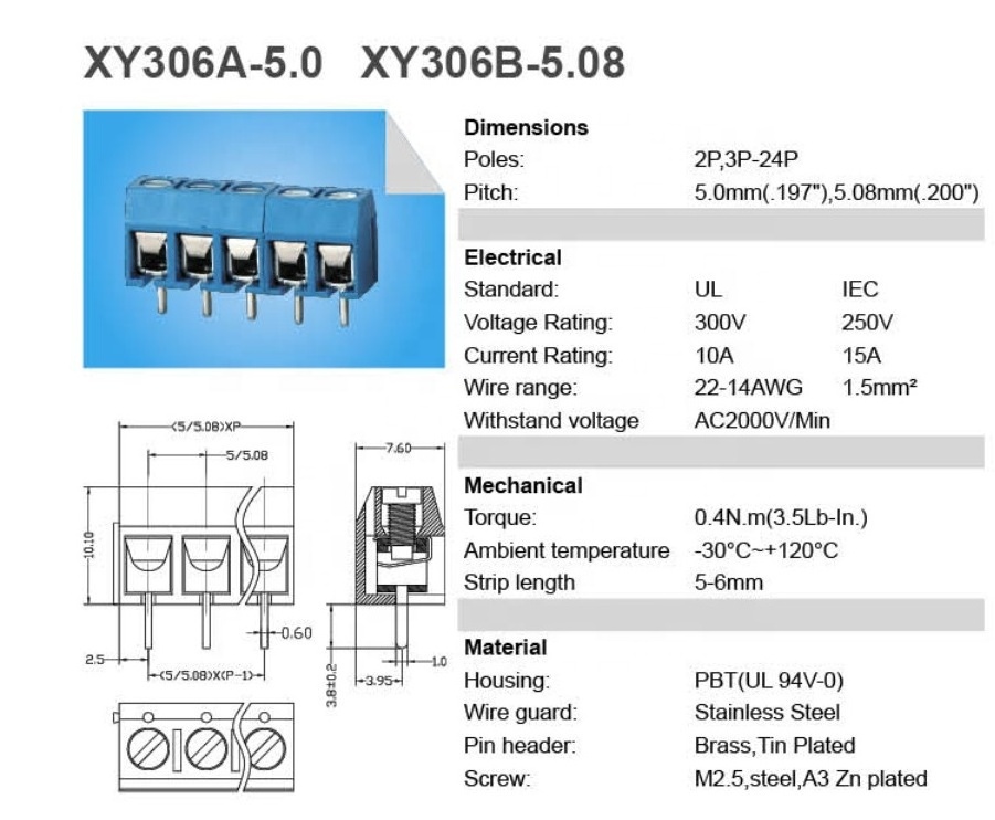 DG306  screw pcb terminal blocks blue connector  5.08mm pitch KF300