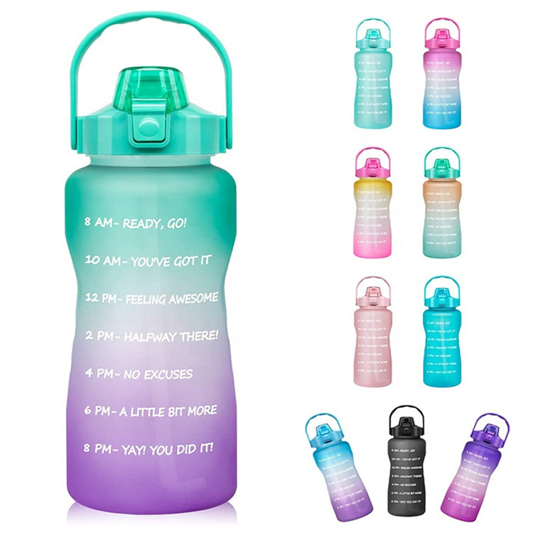 Tritan BPA Free Water 64oz Plastic Gallon Water Bottle 2 liter With Time Marker Straw for Fitness Gym Sports