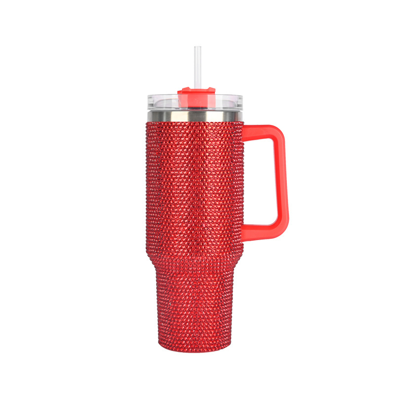 Yekea 304 Stainless Steel Double Wall Glitter Tumbler Water Bottle for Outdoor Travel Coffee Rhinestone Mug with lid Handle