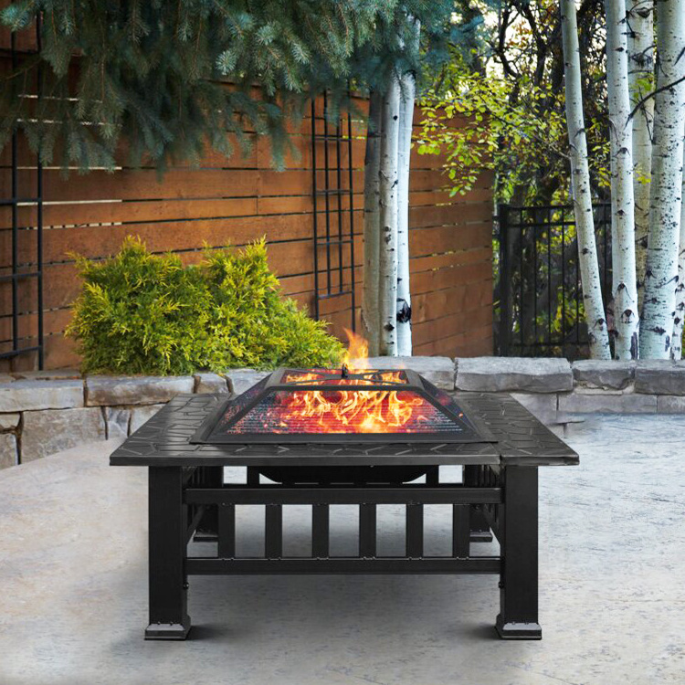 Heavy Duty 32 Inch Outdoor 3 In 1 Metal Square Patio Firepit Table Bbq Garden Wood Burning Fire Pit