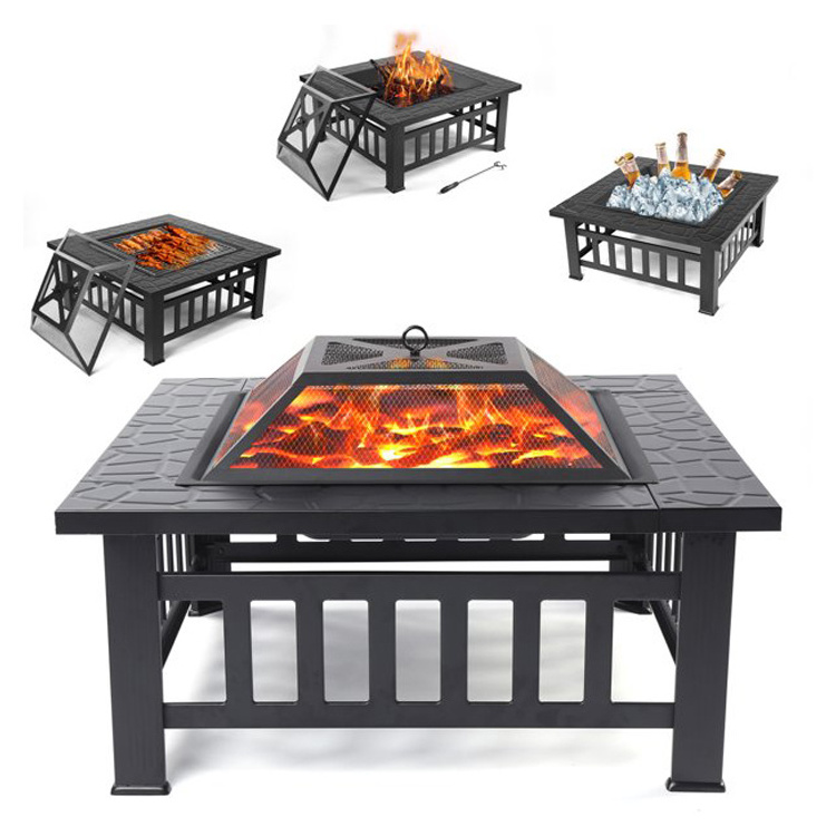 Heavy Duty 32 Inch Outdoor 3 In 1 Metal Square Patio Firepit Table Bbq Garden Wood Burning Fire Pit