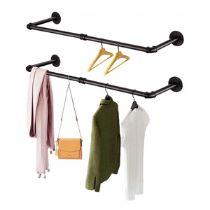 Chinese Diy Black Industrial Style Metal Steel Iron Double Gas Pipe Rolling Wall Mounted Garment Clothes Coat Clothing Rack