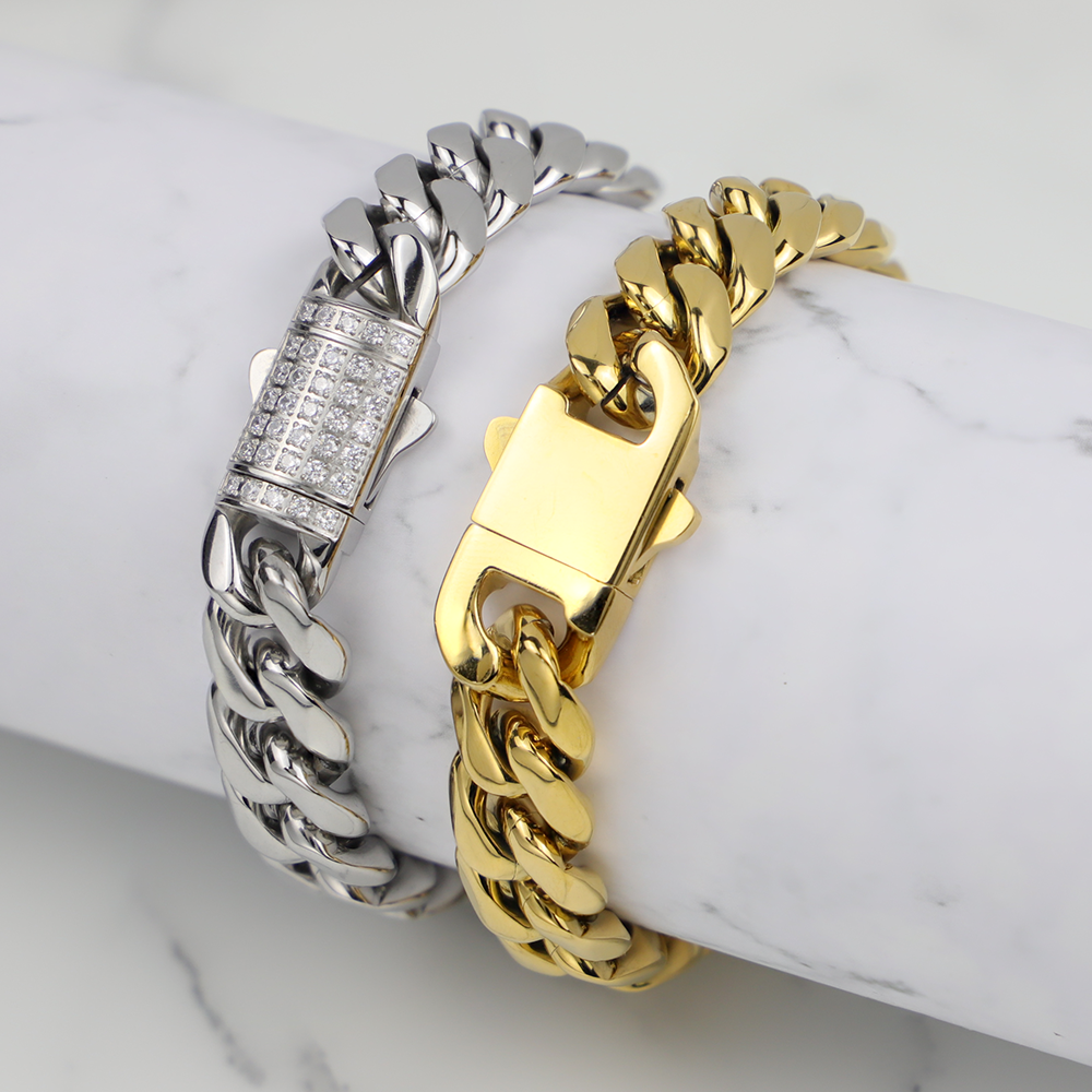 Lobster Claw Link Chain Wrist Bracelets 18K Gold Plated 20.5cm Length 13mm Width Stainless Steel Cuban Link Bracelet for Men