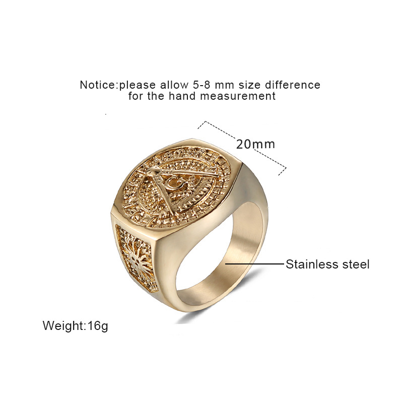 Vintage Gold Plating Stainless Steel Masonic Rings Carved Religion rings for men stainless steel Retro Wide Big Finger Rings