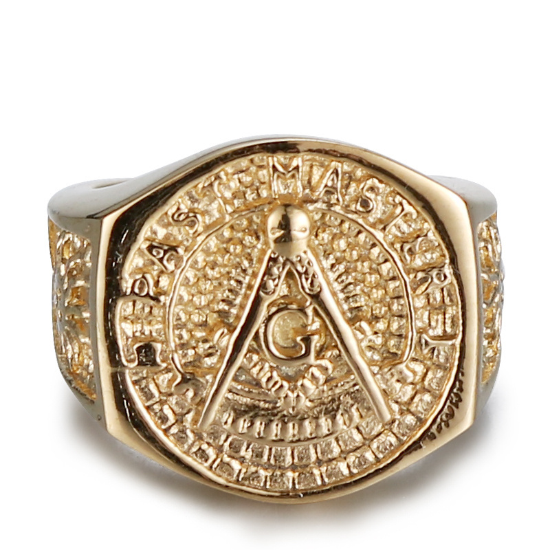 Vintage Gold Plating Stainless Steel Masonic Rings Carved Religion rings for men stainless steel Retro Wide Big Finger Rings