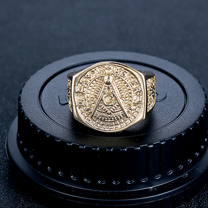 Vintage Gold Plating Stainless Steel Masonic Rings Carved Religion rings for men stainless steel Retro Wide Big Finger Rings