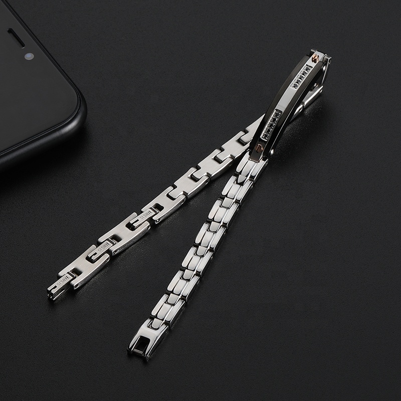 Premium 316 Stainless Steel Jewelry Custom Men Bracelet Luxury Polished Steel Black PVD Bracelet with Black Zircons