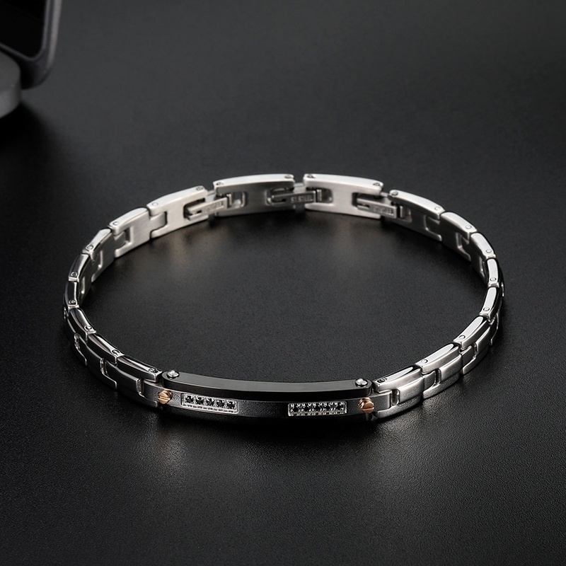 Premium 316 Stainless Steel Jewelry Custom Men Bracelet Luxury Polished Steel Black PVD Bracelet with Black Zircons