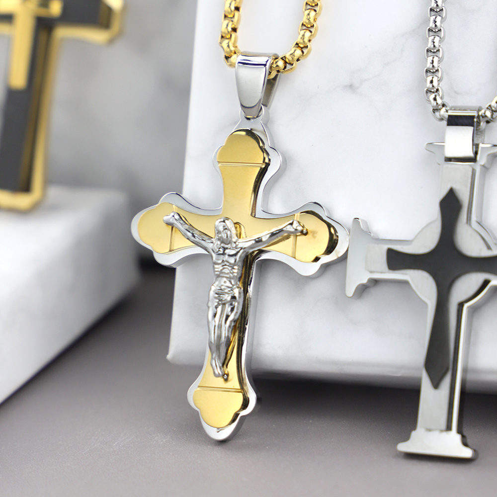 Jesus Cross Pendant Stainless Steel Fashion Christian Jewelry Gold Plated Crucifix Men's Pendant Necklace Graduation Gift