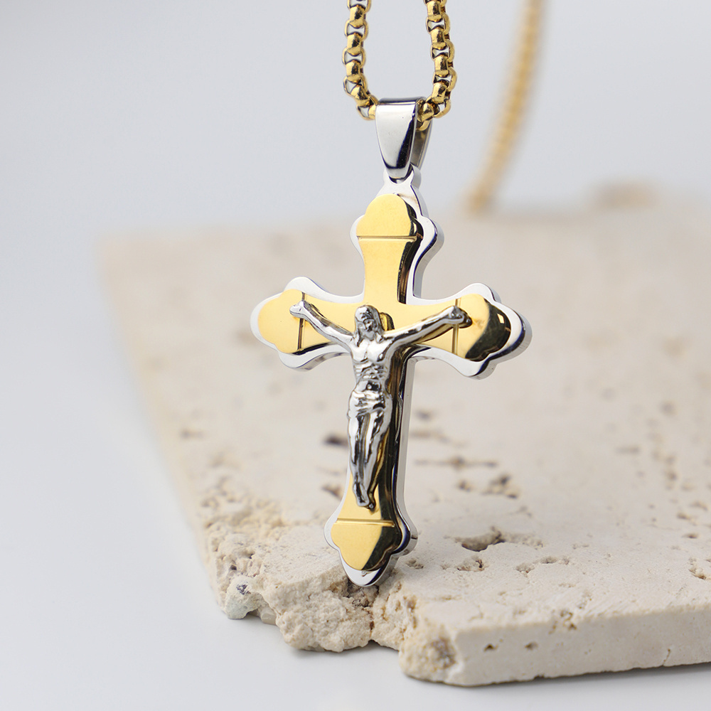 Jesus Cross Pendant Stainless Steel Fashion Christian Jewelry Gold Plated Crucifix Men's Pendant Necklace Graduation Gift