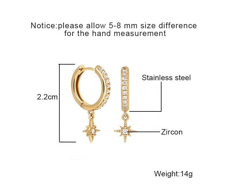 Earring Jewelry Minimalist Star 18k Gold Plated Women Earrings Hoops  Zircon Huggie Earrings