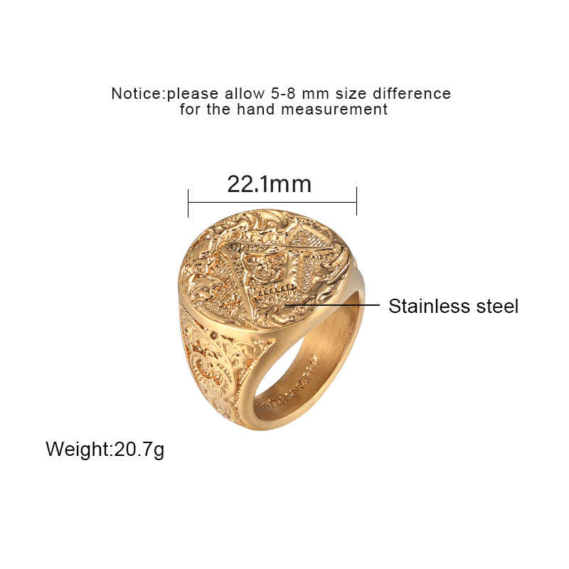 Vintage Hip-pop Engraved custom logo ring Masonic Gold Plating Stainless Steel Men Rings Retro Wide Big Finger RING