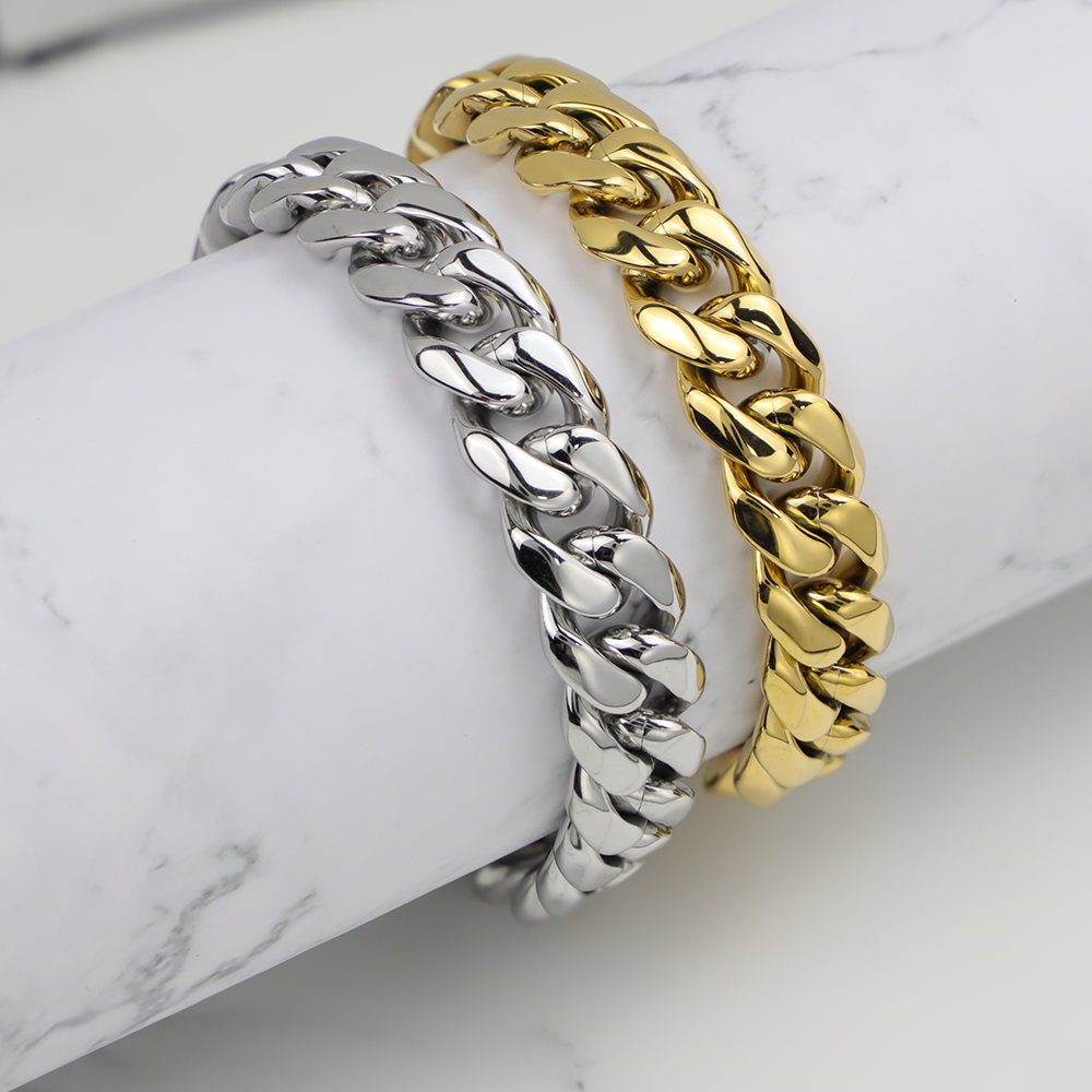 Lobster Claw Link Chain Wrist Bracelets 18K Gold Plated 20.5cm Length 13mm Width Stainless Steel Cuban Link Bracelet for Men