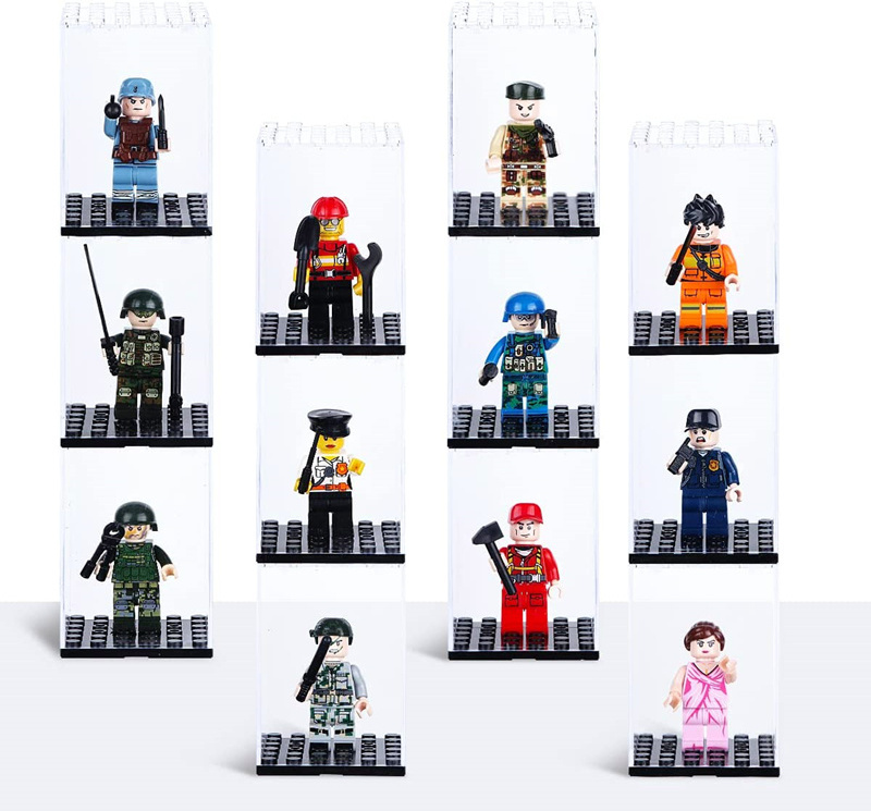 transparent clear plastic legoed minifigures display case with black base