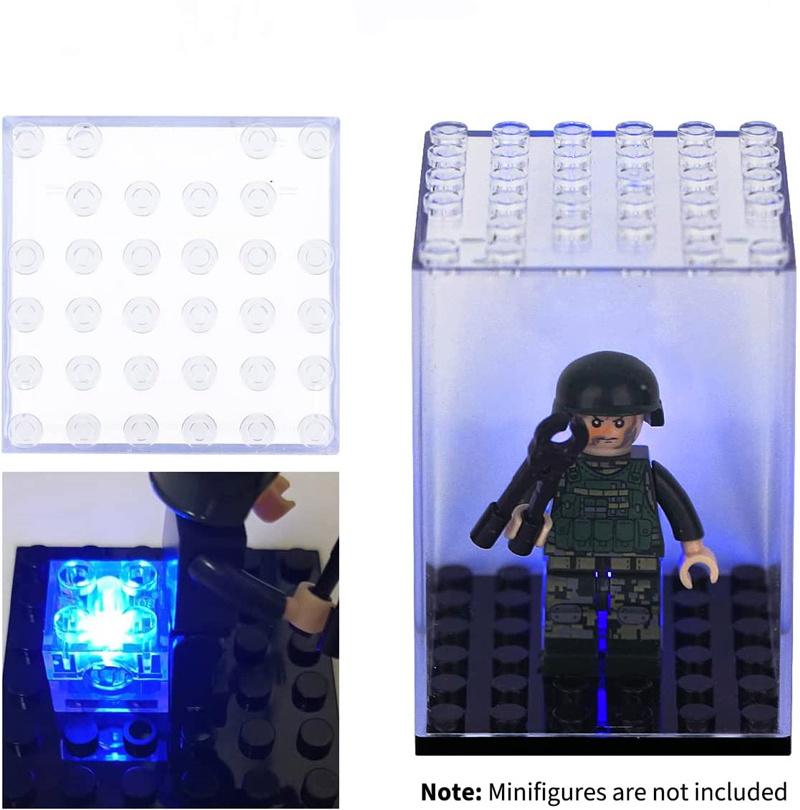 transparent clear plastic legoed minifigures display case with black base