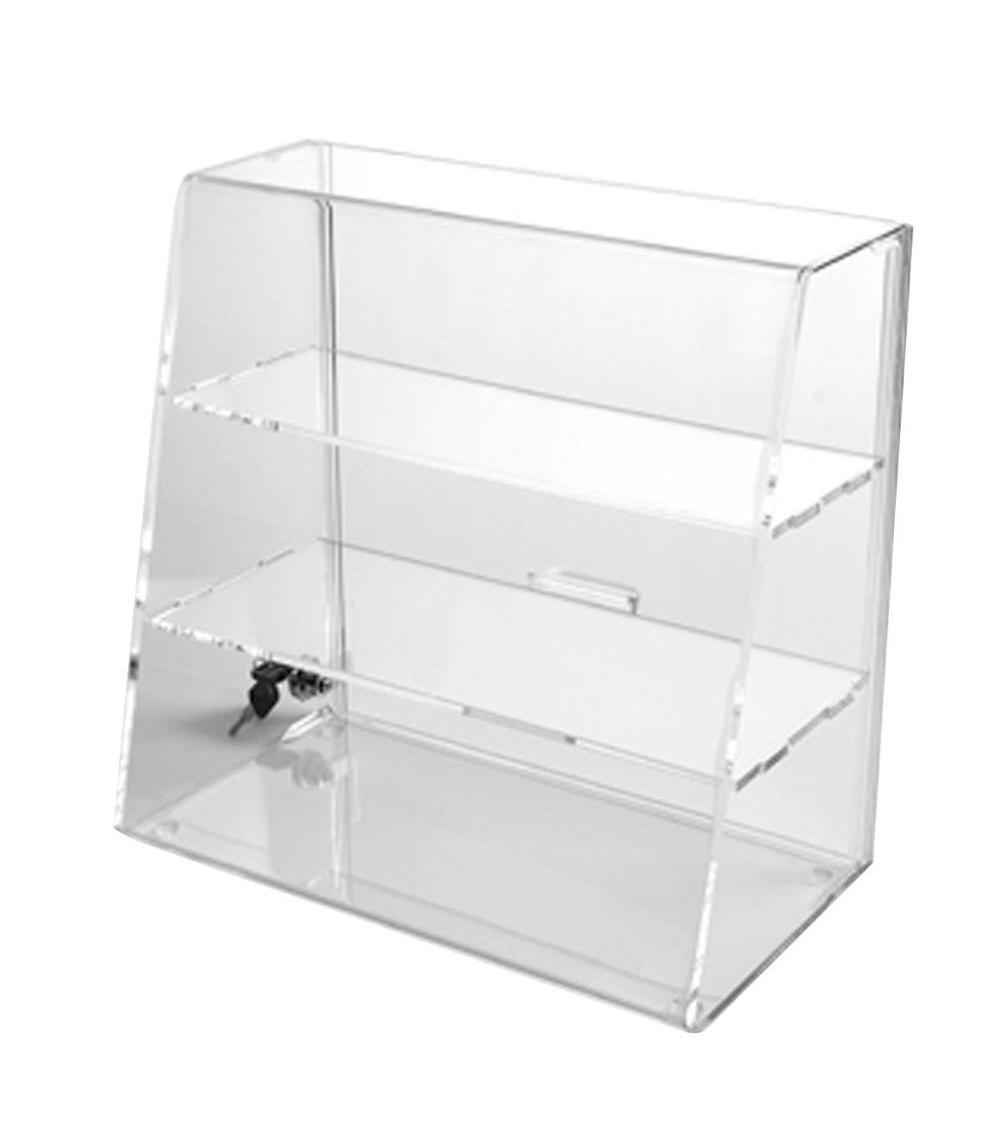 slanted front locking acrylic display case/cabinet with 3 shelves