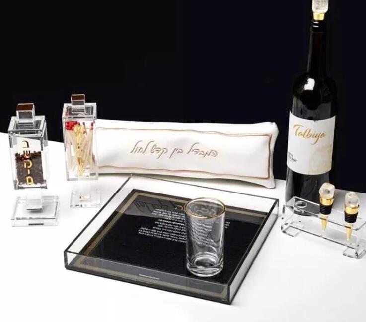 Shabbat Kiddush Custom Jewish Lucite Liquor Set Acrylic Wine Tray Stand with Shot Glasses