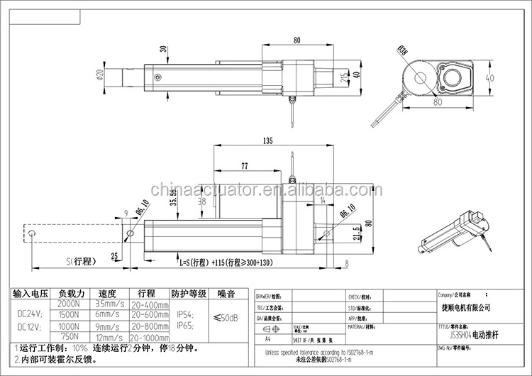 JS35H04 2000N maximum load telescopic actuator for machine instrument TV shutter louver 12v/24v DC mini size linear actuator