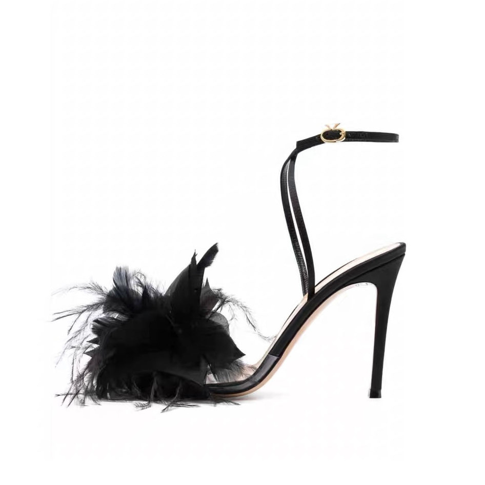 Feather flower banquet catwalk high heeled shoes women's stiletto sexy open-toe summer new one-word belt sandals women