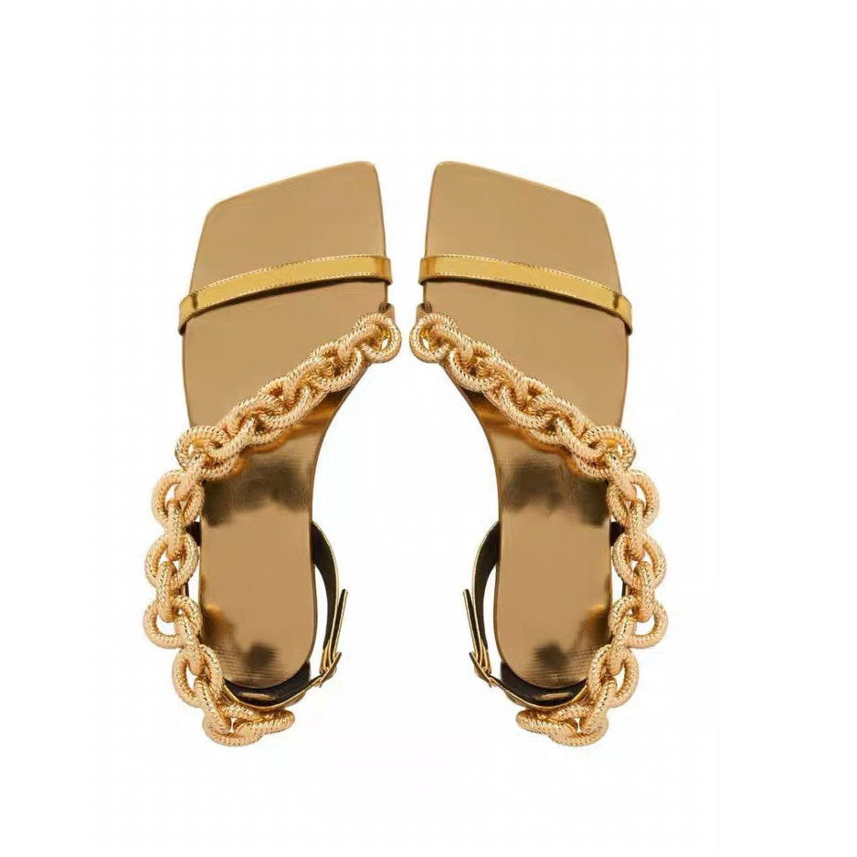 flat sandals new design Women's Sandals Metal Chain Decorative  Ladies Fashion Comfort Flat Sandals Slippers