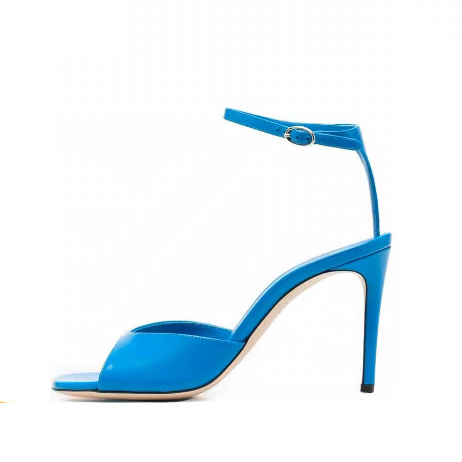 Blue French high-heeled sandals square head fish mouth high-heeled shoes 2022 summer new cross  strap stiletto large size sandal