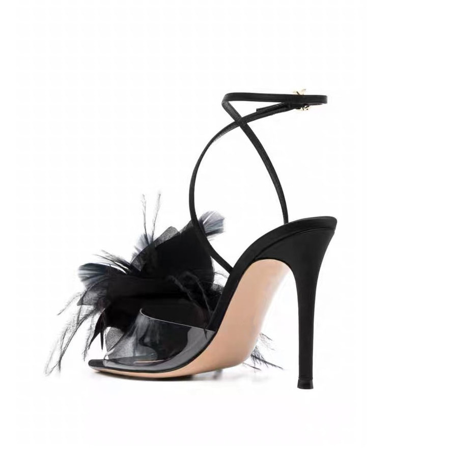 Feather flower banquet catwalk high heeled shoes women's stiletto sexy open-toe summer new one-word belt sandals women