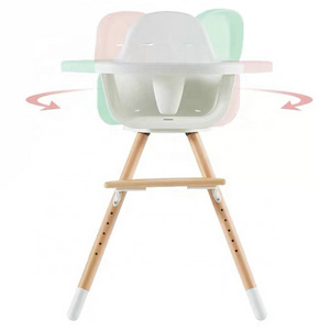 HC-02 Adjustable Height 360 degree swivel base Foldable Feeding Bamboo Baby Highchair with Tray